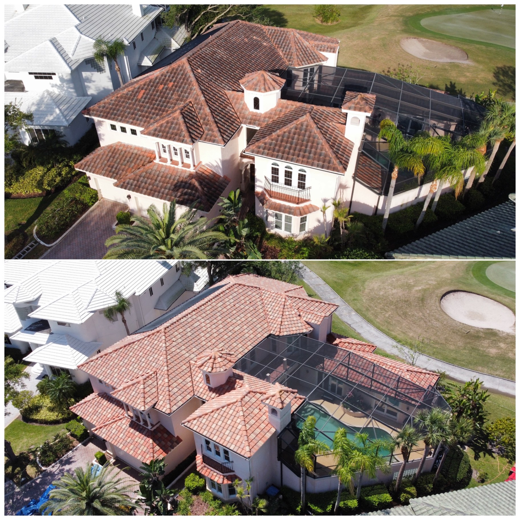 Aerial before and after photographs of tile roof cleaning on a large home beside a golf course.