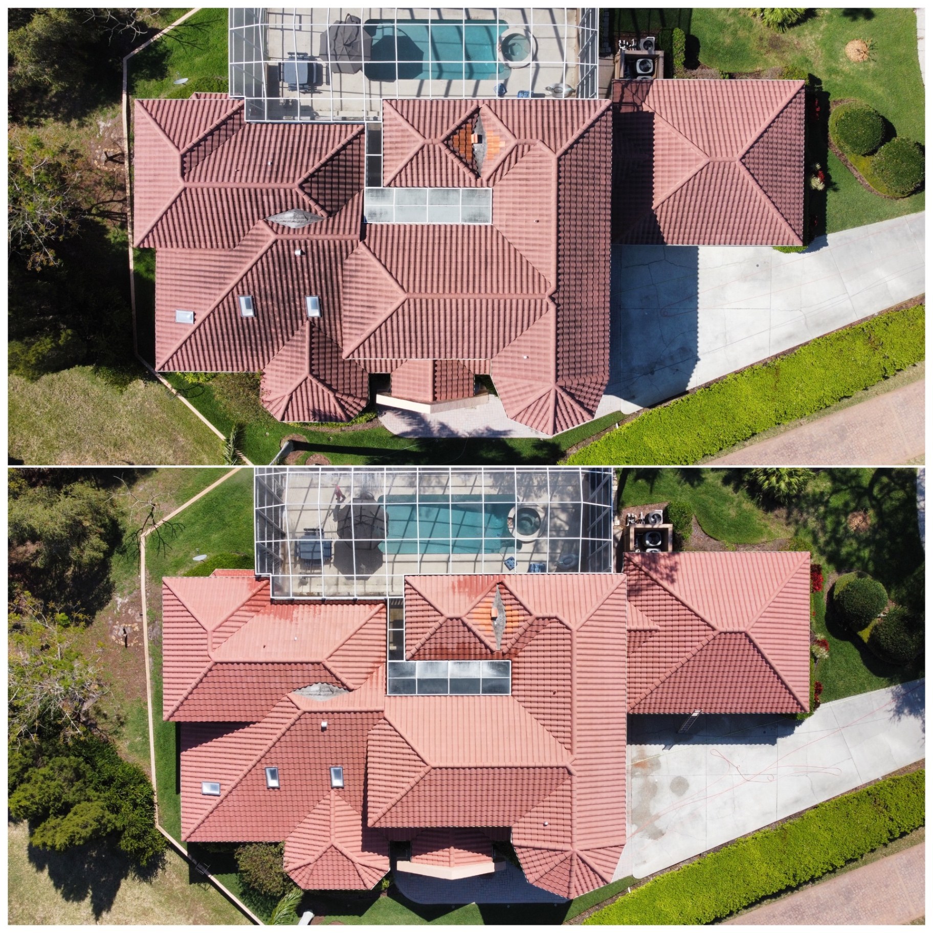 Aerial before and after photographs of professional cleaning on a large multi-section tile roof.