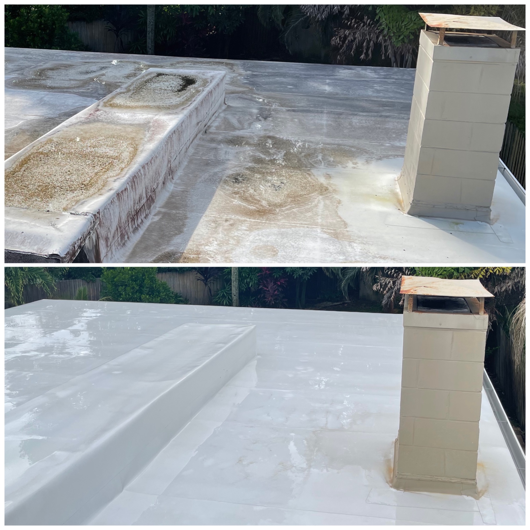Before and after professional cleaning of a flat residential roof with visible surface buildup removed.