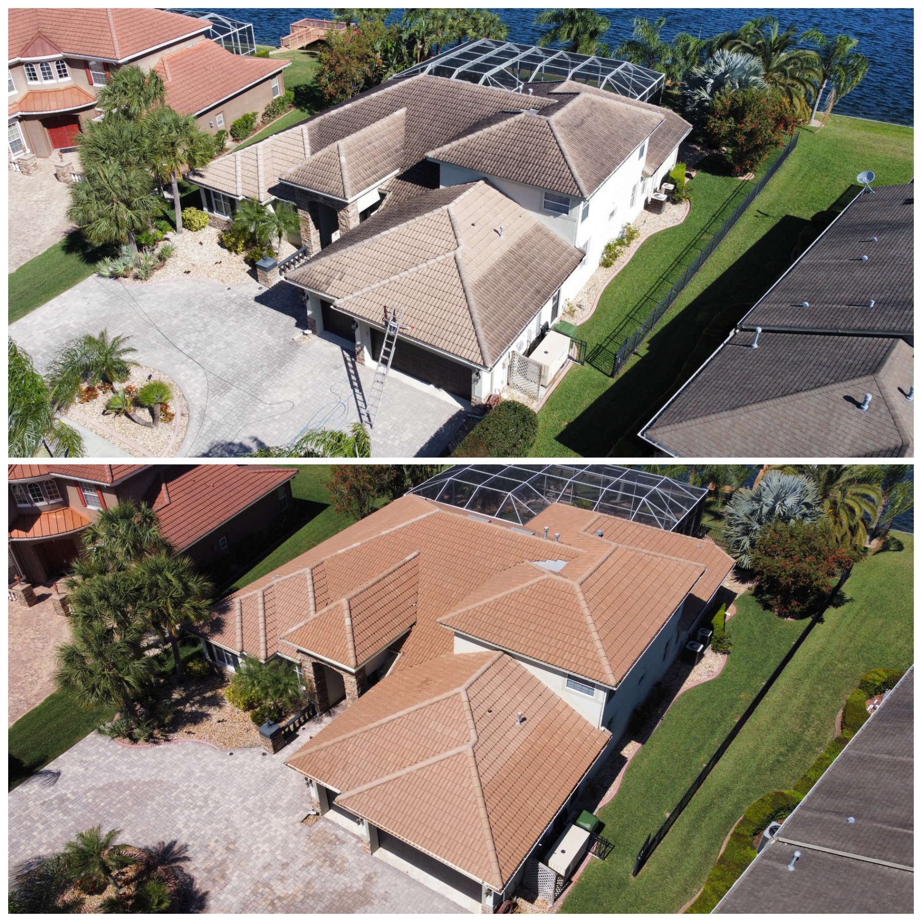 Before and after aerial view of a tile roof professionally cleaned on a waterfront home.