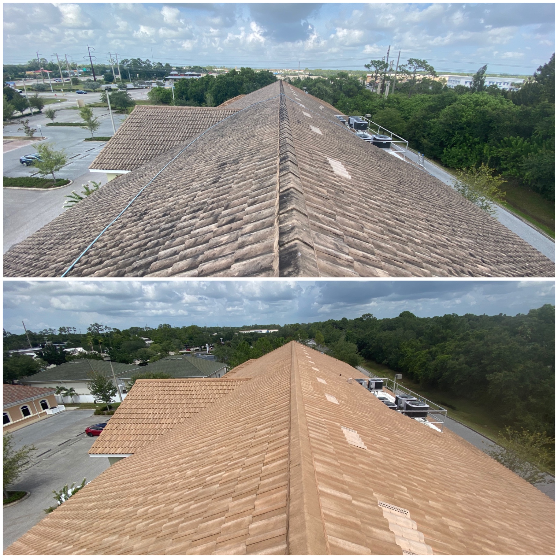 Before and after professional cleaning of a large commercial tile roof.