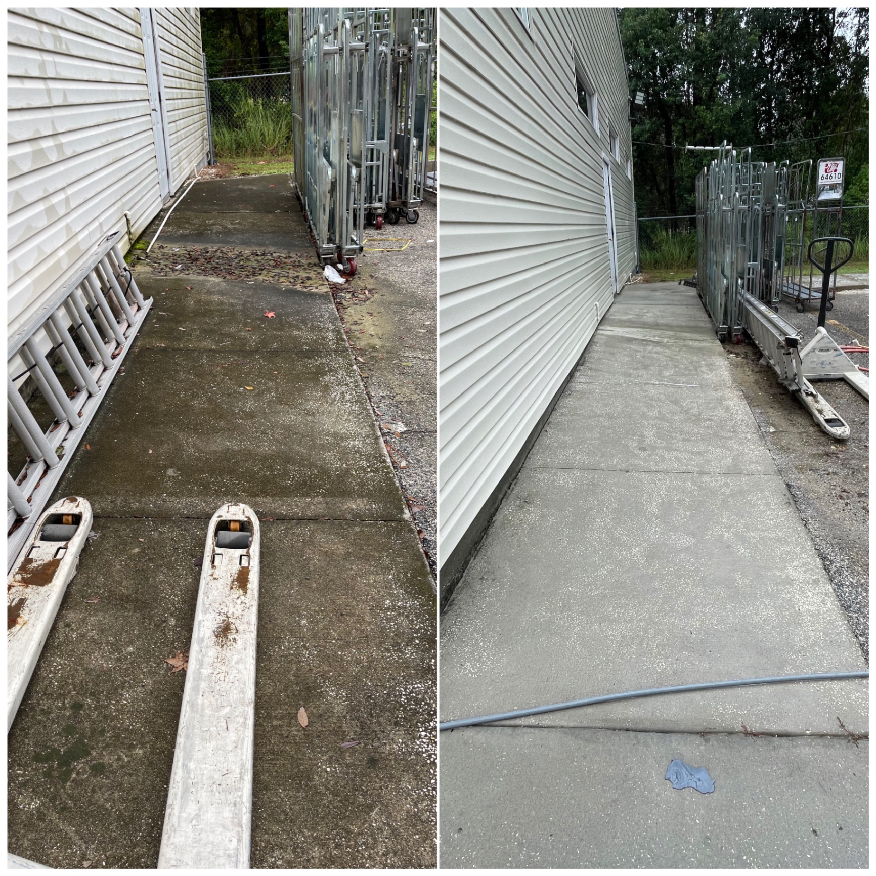 Side-by-side before and after photographs of pressure washing on a commercial concrete walkway.