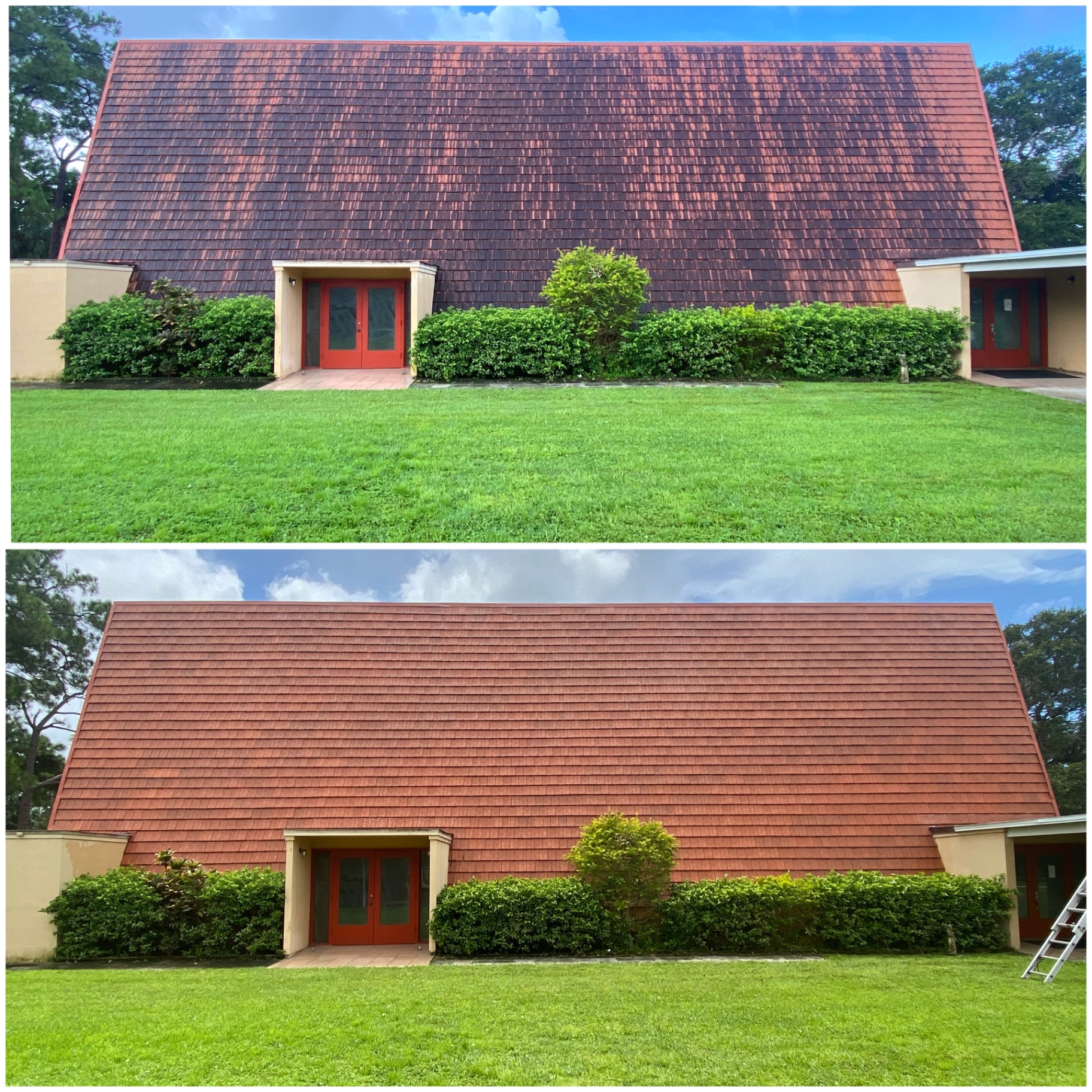 Before and after roof cleaning showing heavy dark staining removed from a large steep tile roof.