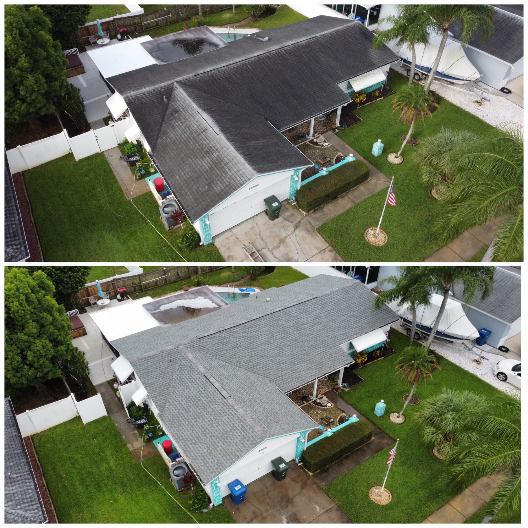 Aerial before and after view of soft-wash cleaning on a shingle roof with heavy dark staining removed.