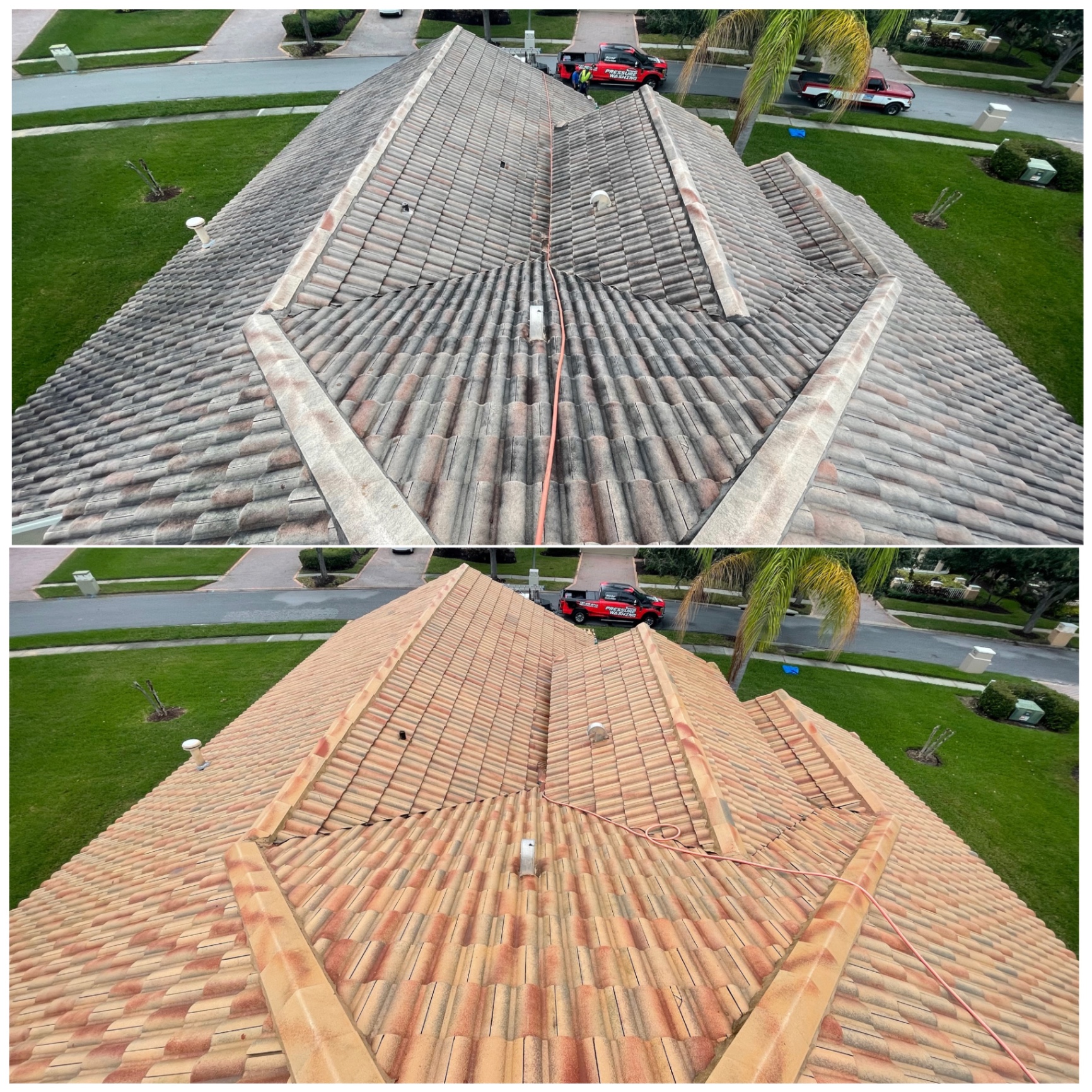 Before and after photographs showing dark organic staining removed from a large residential tile roof.