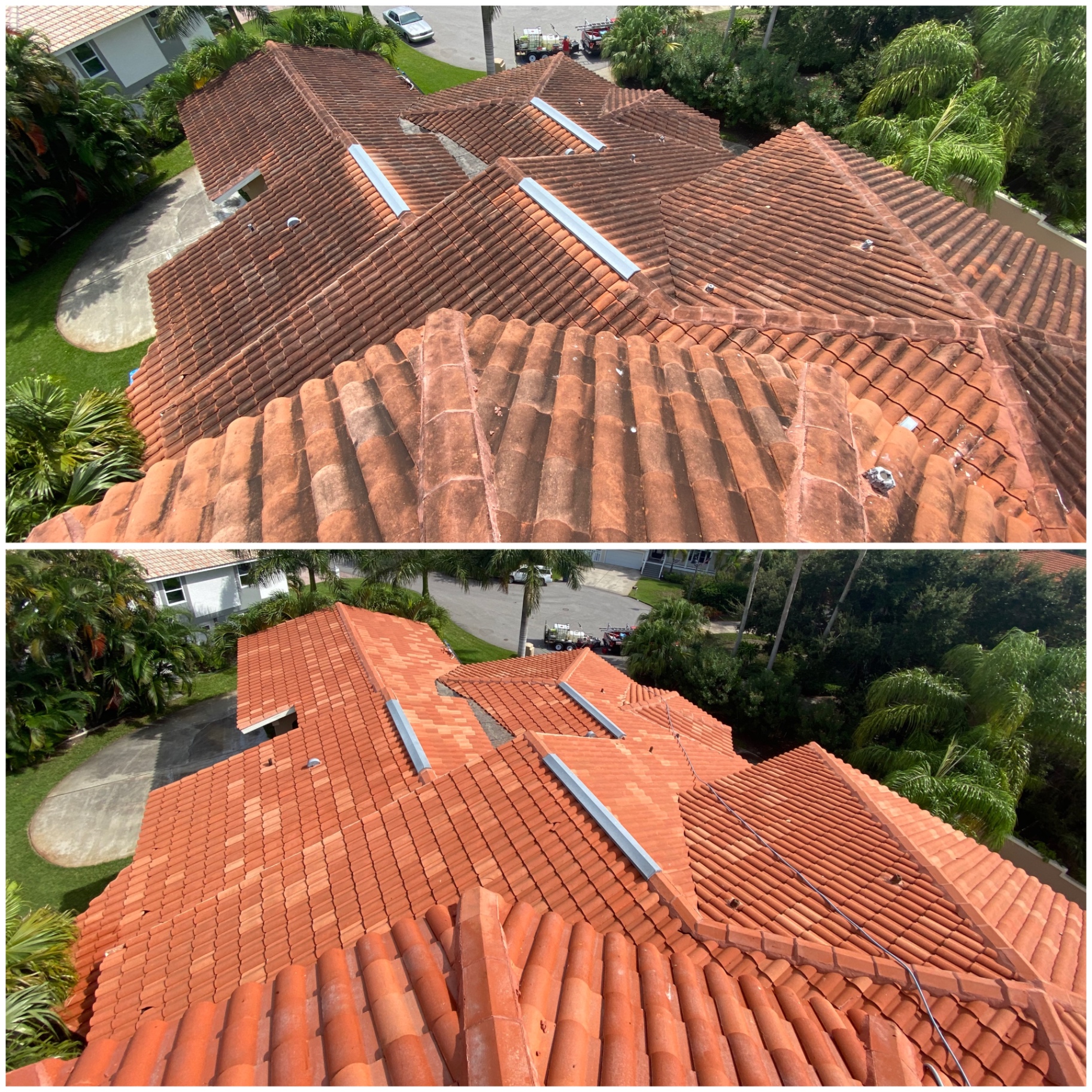 Before and after cleaning of a large residential tile roof with dark organic staining removed.