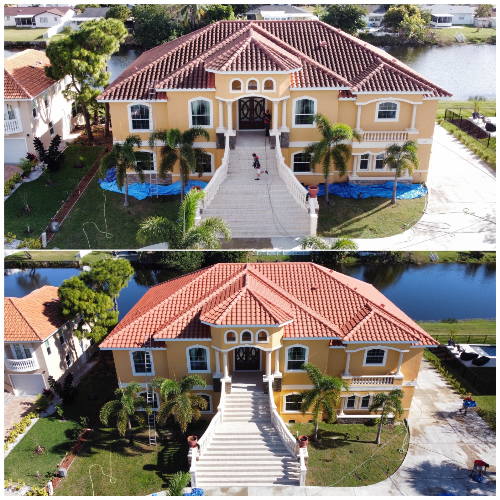 Before and after aerial photographs of professional roof cleaning on a large waterfront home with a tile roof.