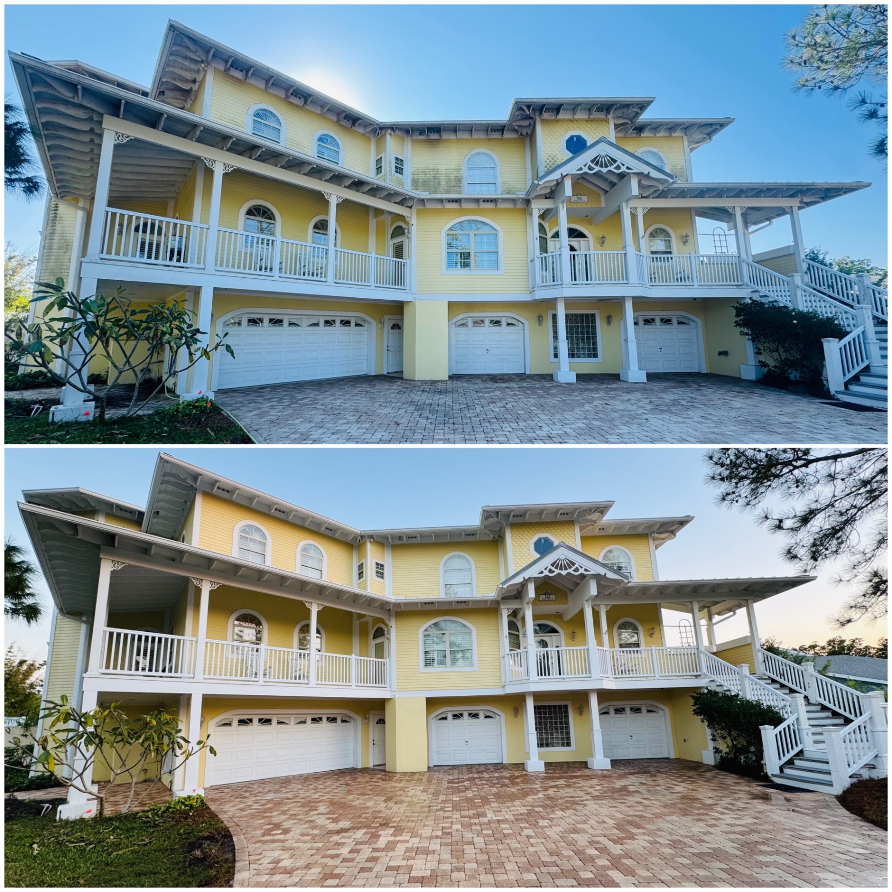 Before and after exterior house washing showing green organic growth removed from the siding of a large yellow home.