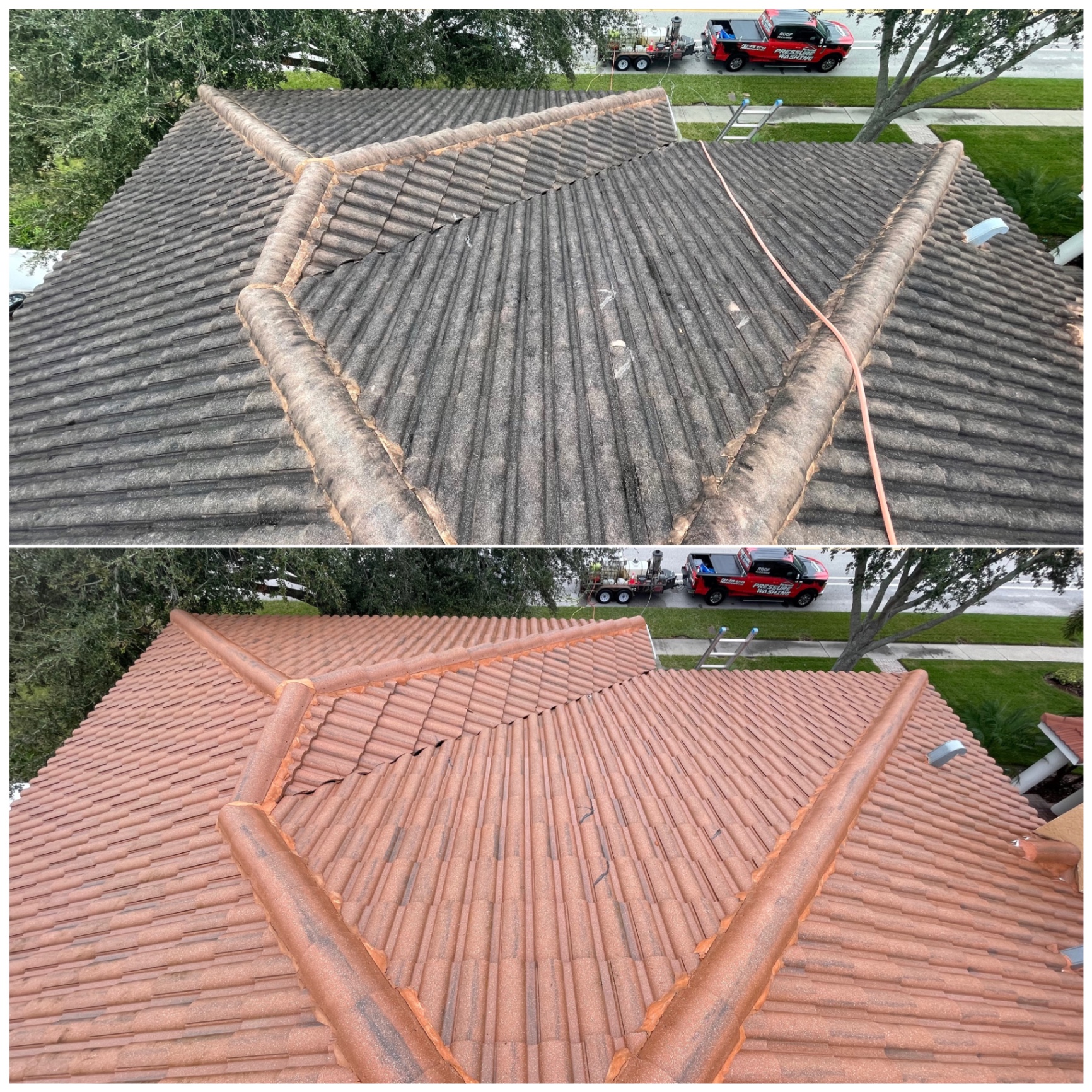 Before and after professional tile roof cleaning with extensive dark organic buildup removed.