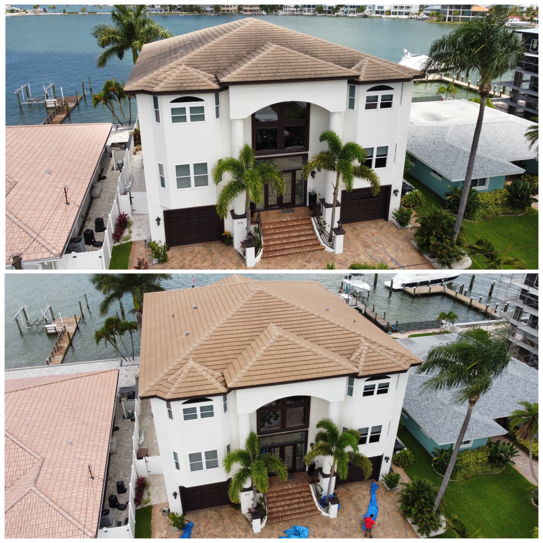 Before and after aerial photographs of professional cleaning on a waterfront home’s tile roof.