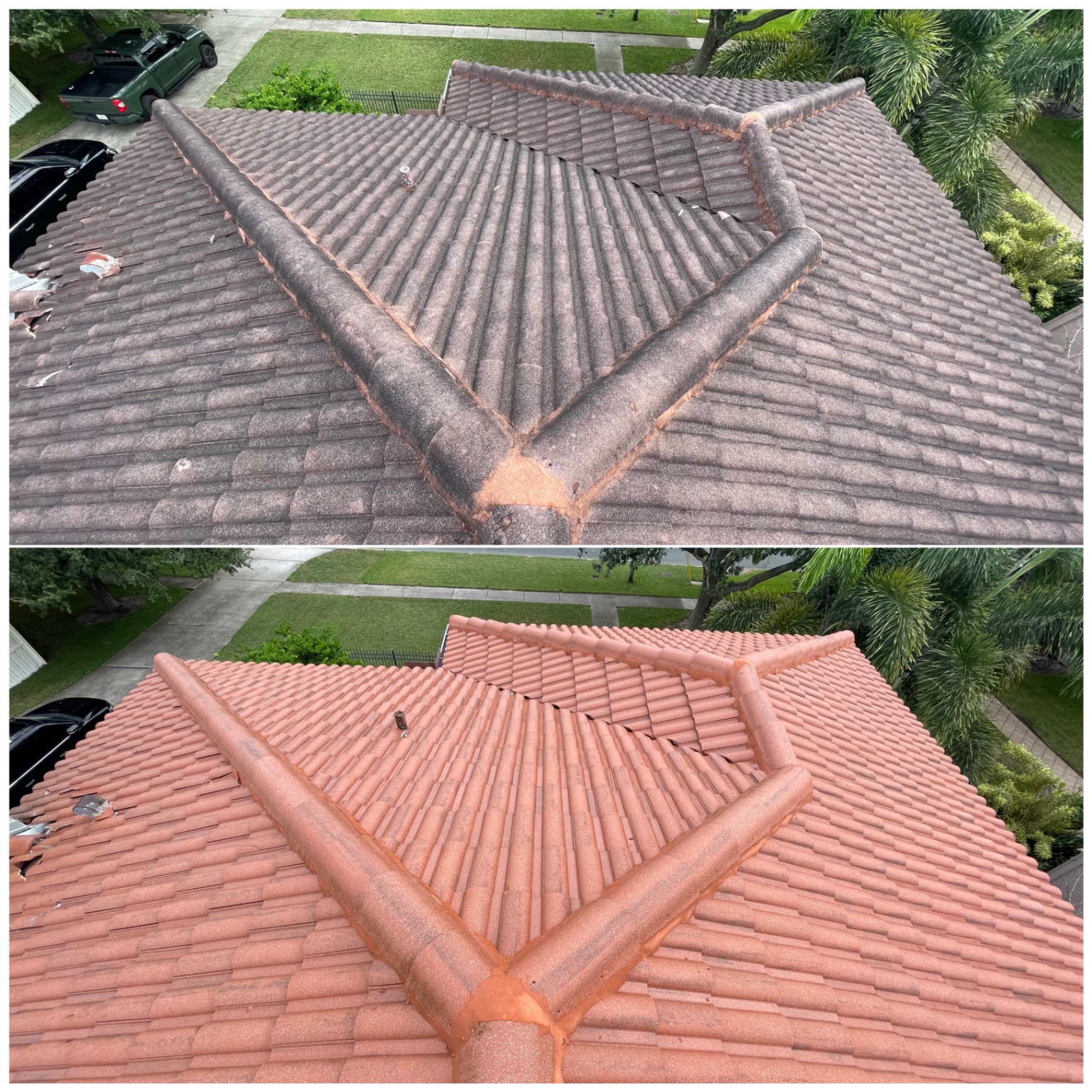 Before and after soft-wash cleaning of a residential tile roof with dark staining removed.