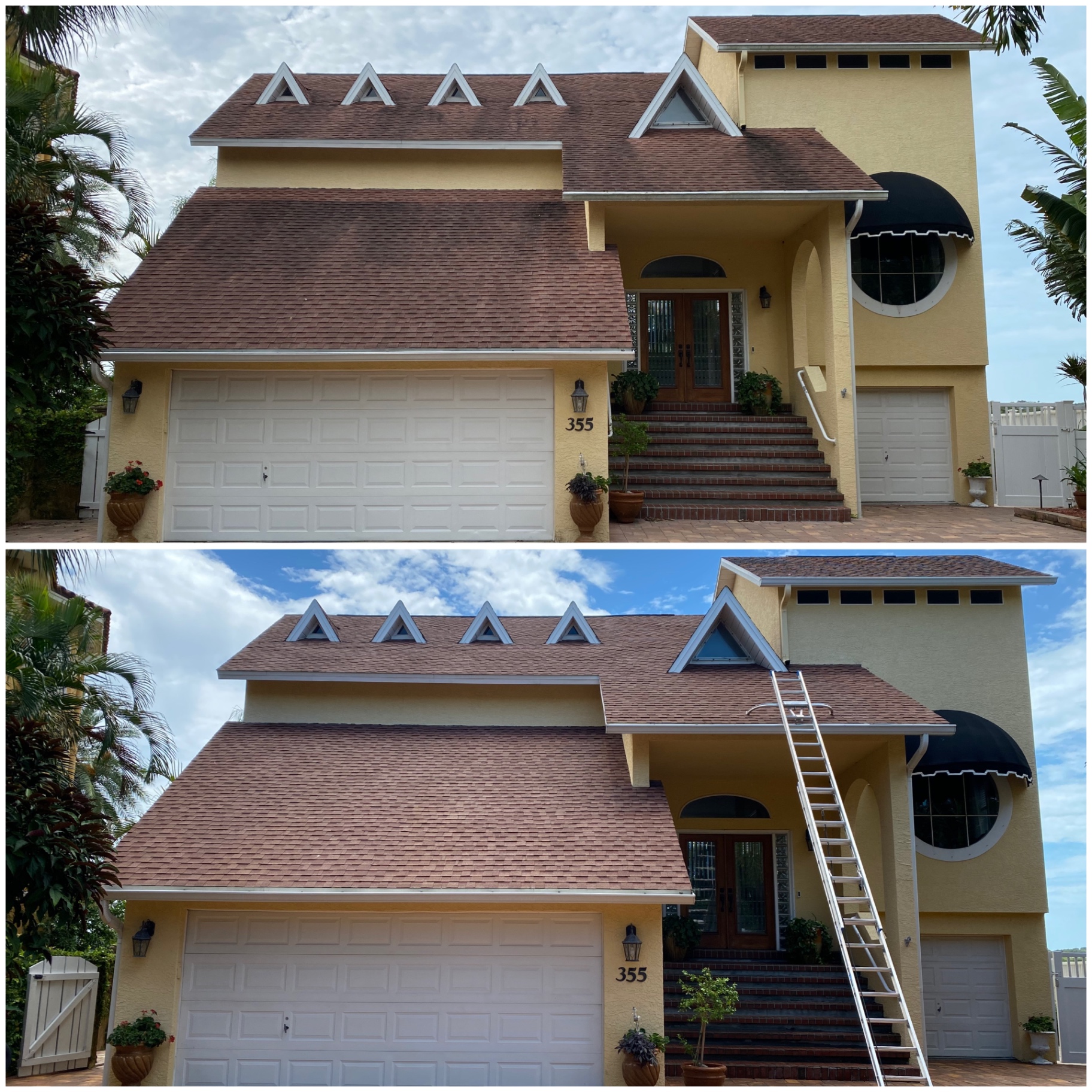 Before and after soft-wash cleaning of a residential shingle roof with dark staining removed.