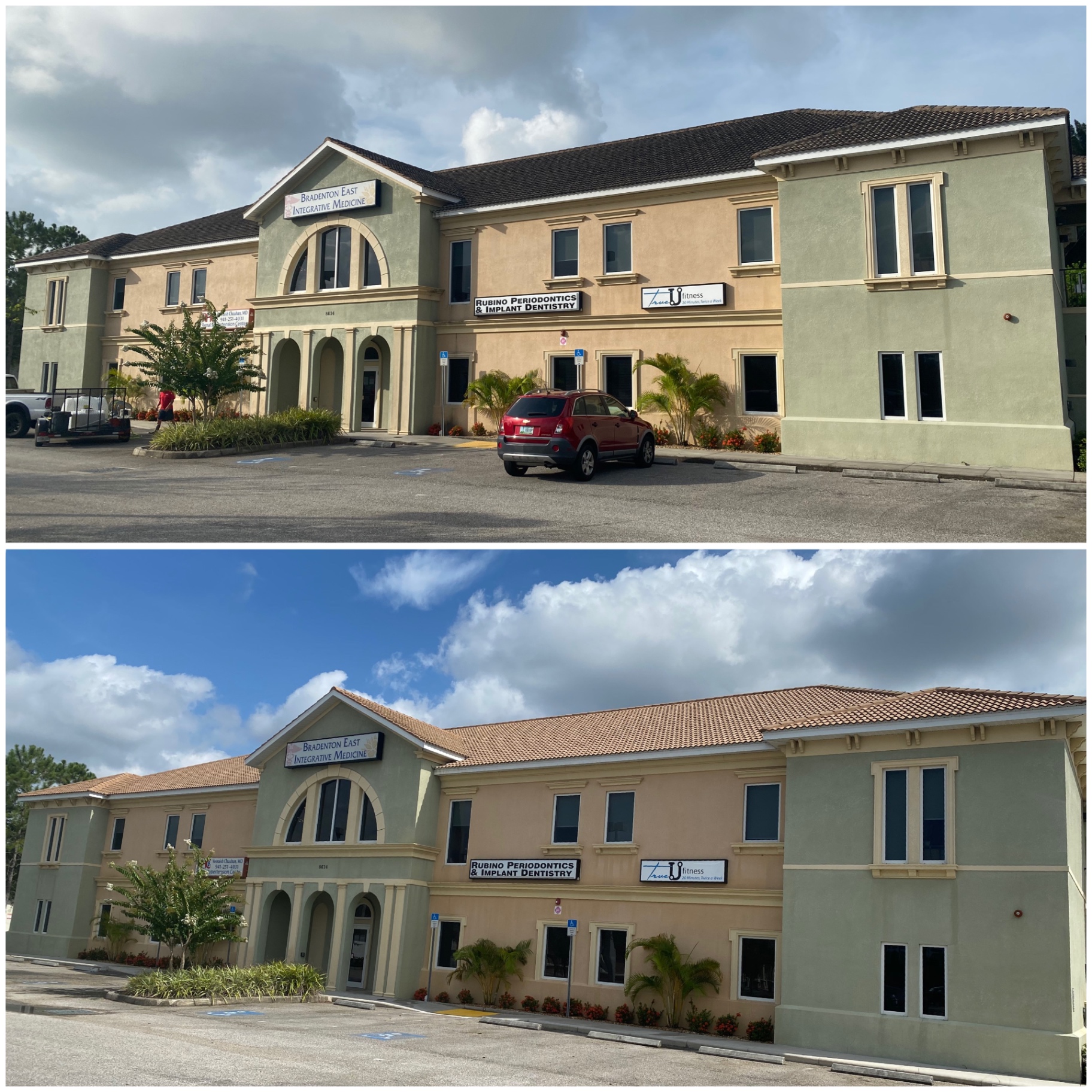 Before and after commercial roof cleaning showing heavy dark buildup removed from a large business property.