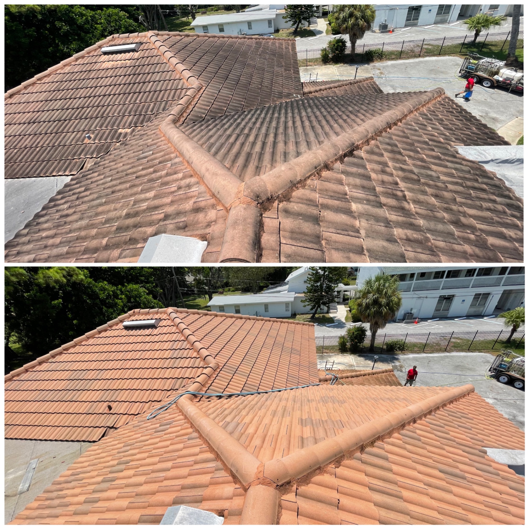 Before and after tile roof cleaning showing heavy dark organic buildup removed from multiple roof sections.