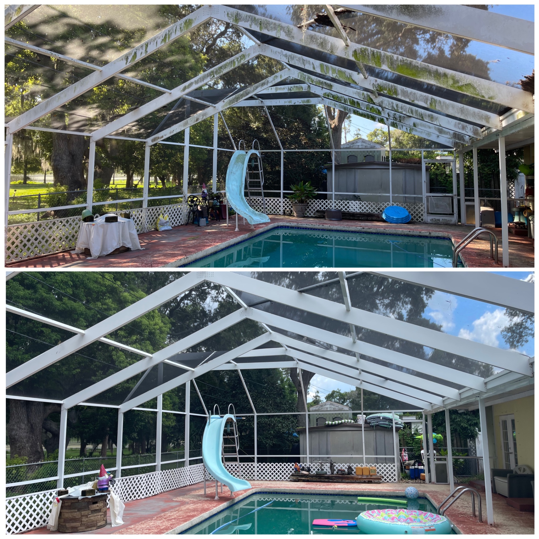 Before and after cleaning of a screened pool enclosure with green organic growth removed from the white framing.