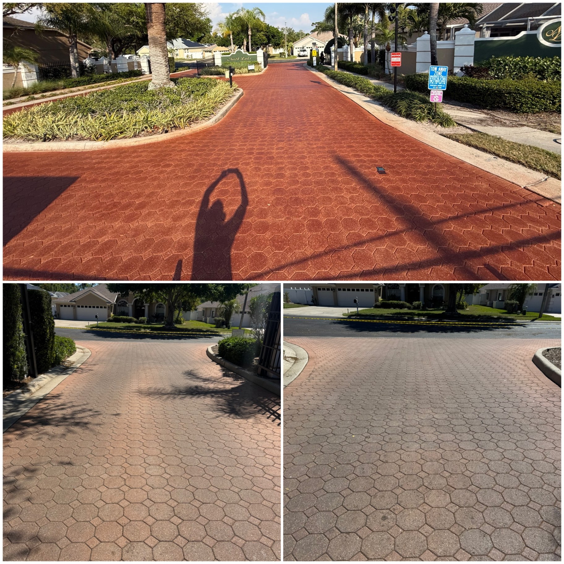 Before and after photographs of community entrance pavers cleaned, stained and sealed.