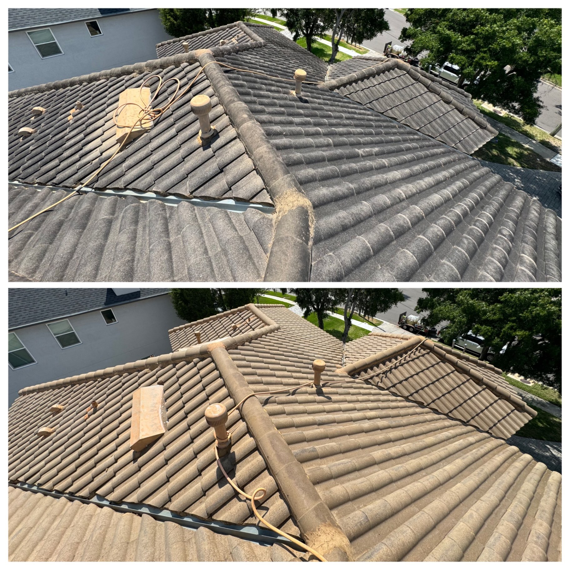 Close-up before and after photographs showing dark organic buildup removed from a concrete tile roof.